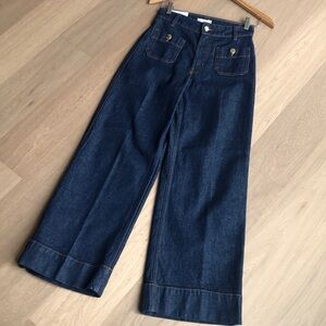 NWT H&M Dark Denim Blue Wide-Leg Ankle Jeans / Gold-Tone Buttons, Size 2 / 26
